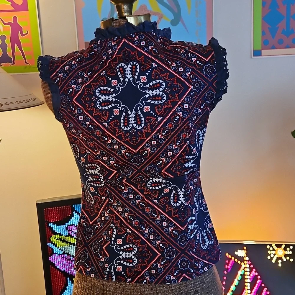 Vintage 1990s Nanette Lepore Corset Bandana Pattern Sleeveless Button Vest Top 4 - Picture 4 of 7